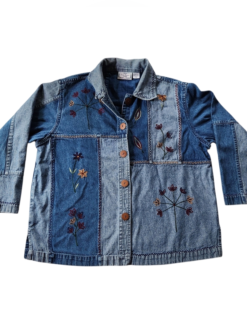 Vintage Patchwork Denim Embroidered Floral Button Down Shacket Plus Size 2X